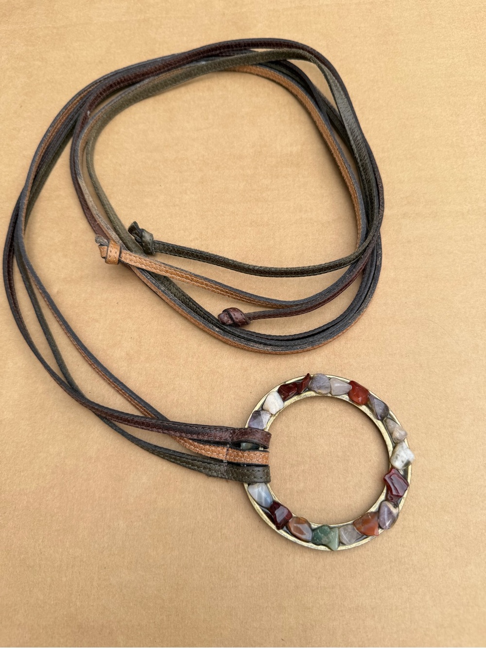 Vintage Boho Leather Cord Necklace Natural Stone Circle Pendant